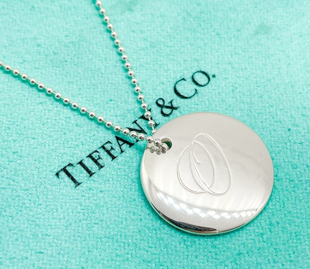 Tiffany & Co. Notes Initial Letter O Large Disc Pendant Bead Necklace Silver 18"